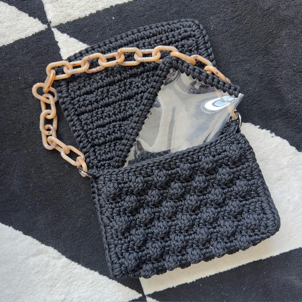 One&Only Black Crochet Shoulder Bag with Chain Strap - Picture 3 of 5